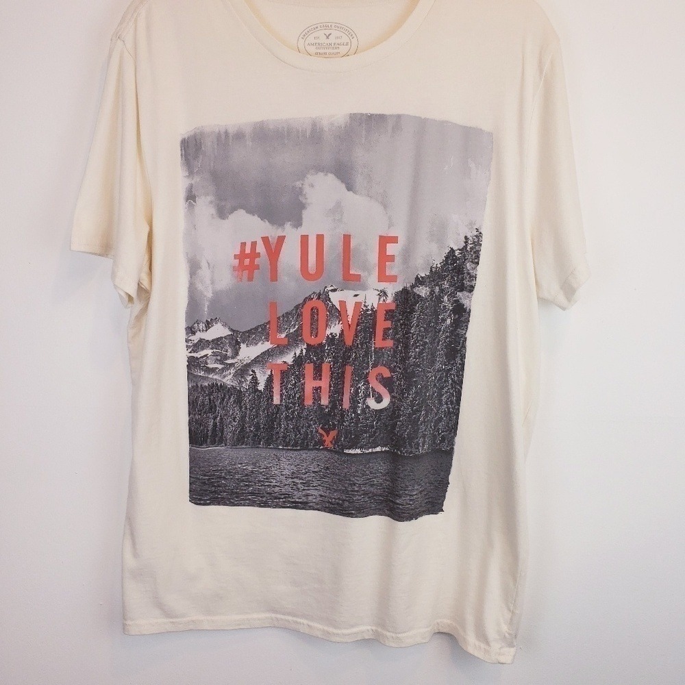 American Eagle Yule Love This Cotton‎ Graphic Holiday T Shirt Size Large Ivory